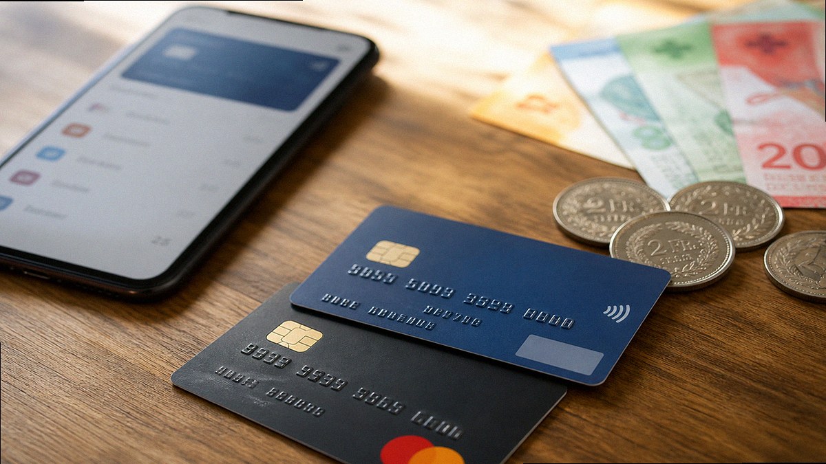 Karten, Smartphone und Bargeld auf einem Holztisch