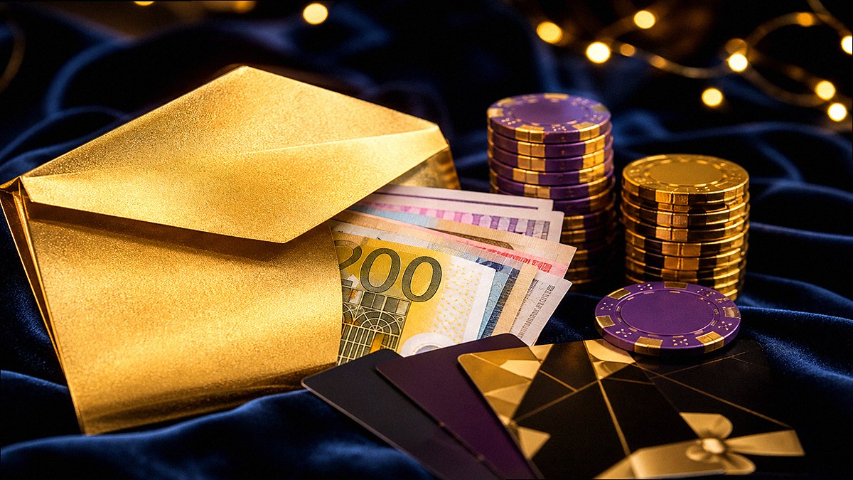 Composizione visiva di un bonus di benvenuto: gettoni, busta e banconote