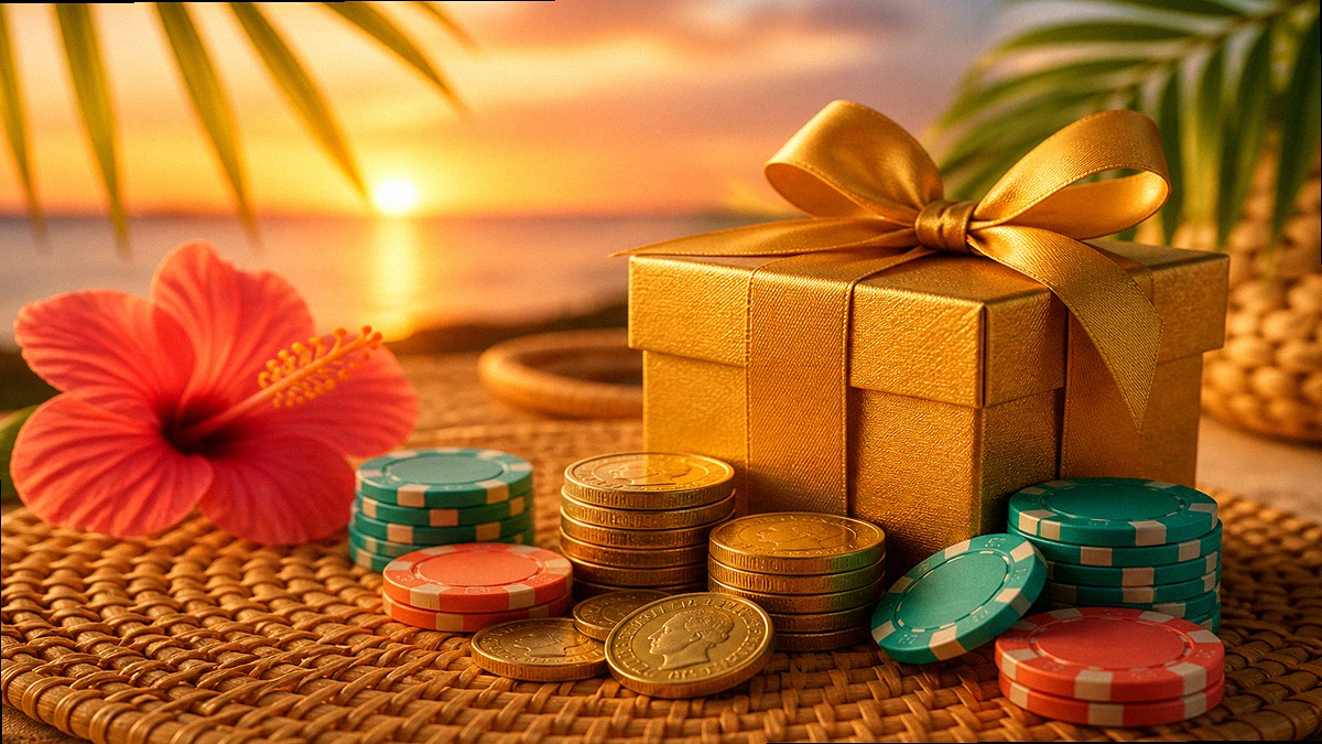 Tropical still life of chips, coins and a gift box