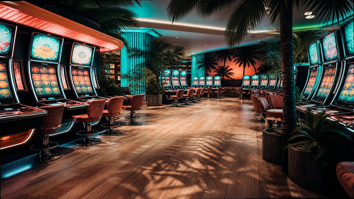 Hall of neon slot cabinets in a tropical casino lounge, Moana UK