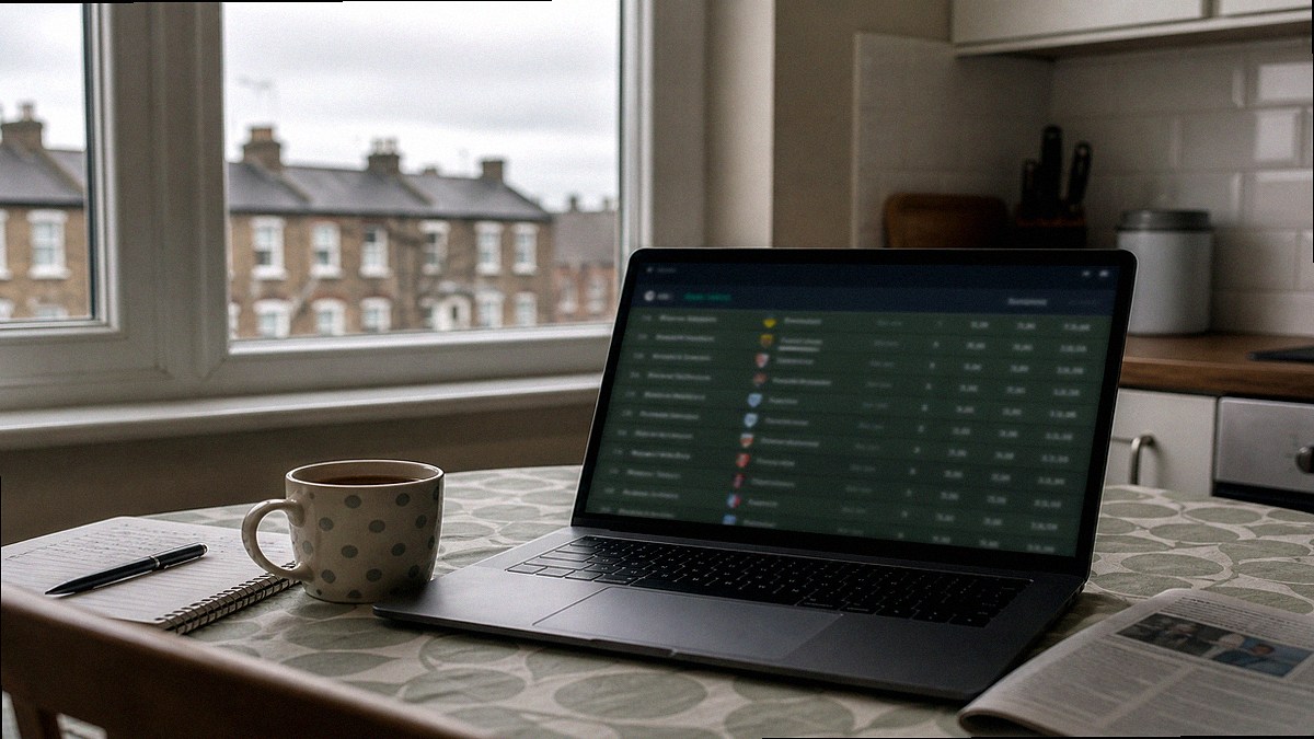 Kitchen-table sports betting on a laptop in morning light