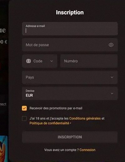 Fenêtre d'inscription WinKingdom, champs email et mot de passe